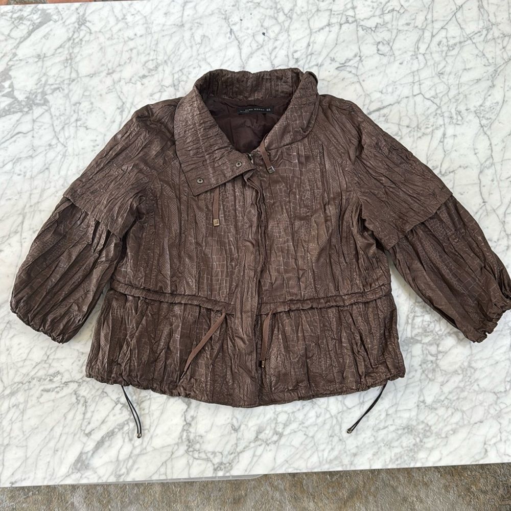Zara Bomber Jacket Sz XL Brown Crinkle Snakeskin